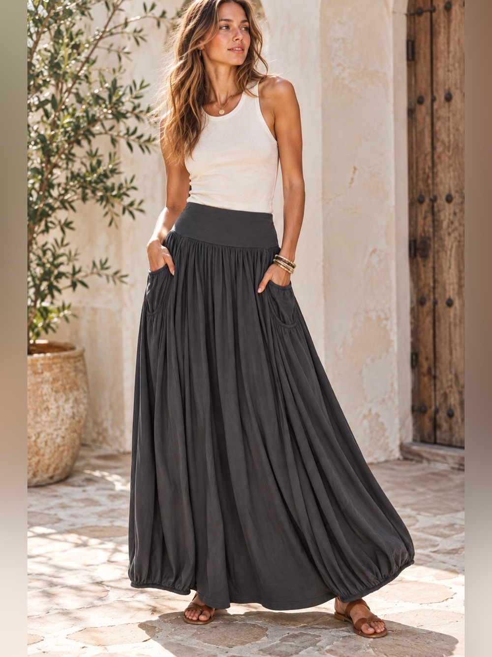 Garnet Hill Favorite Maxi Skirt Women’s Large Gray Cotton Modal Boho Pockets